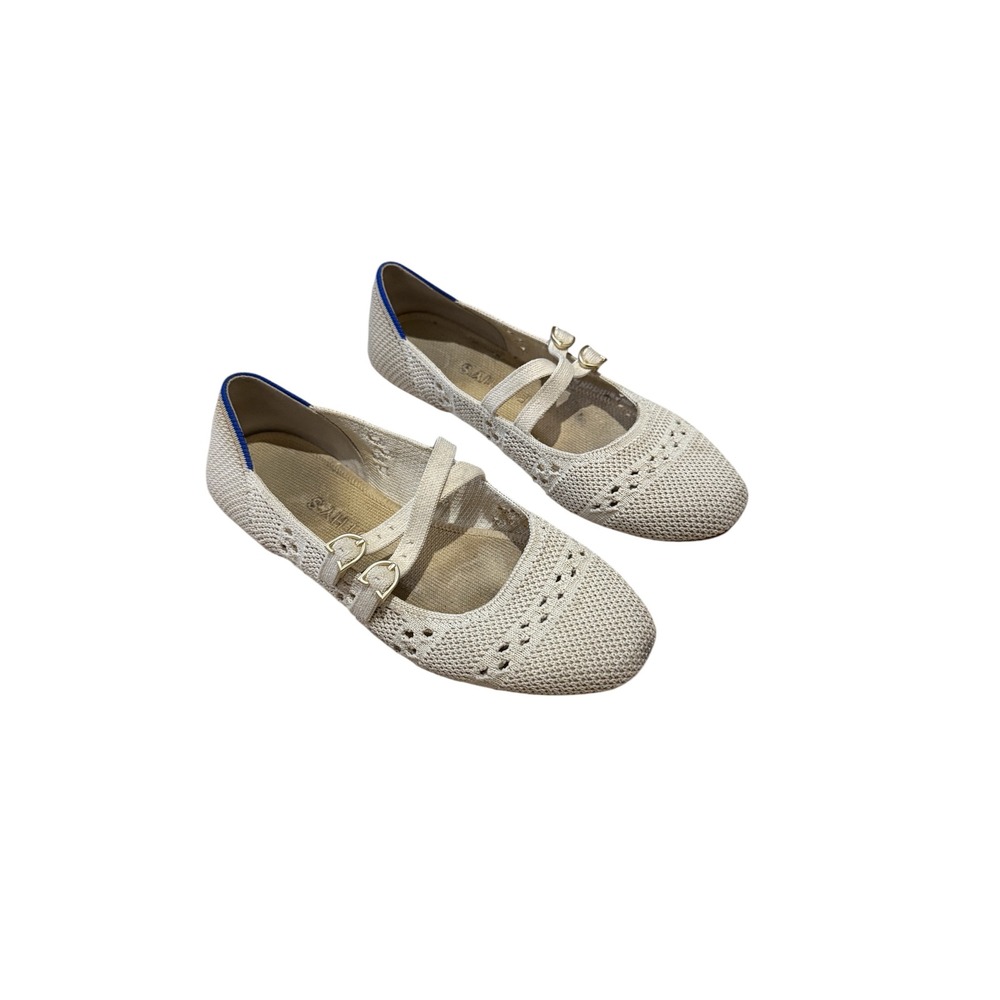 Rothys The Mary Jane Oatmeal Beige Pointelle Knit Double Strap Flats Size 6.5